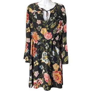 LOFT Women’s Black Pink Floral Babydoll Dress Long Bell Sleeve M Fairycore Boho